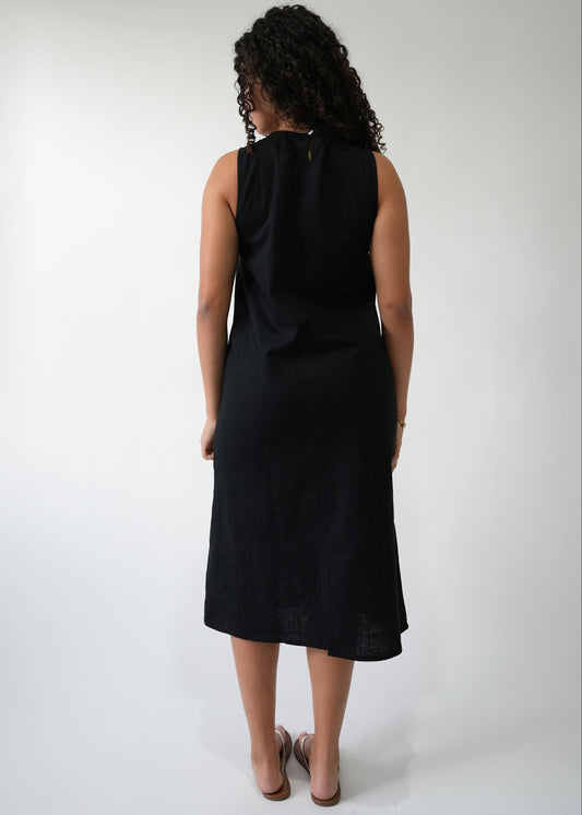 High Neck Linen Dress in Black — side detail
