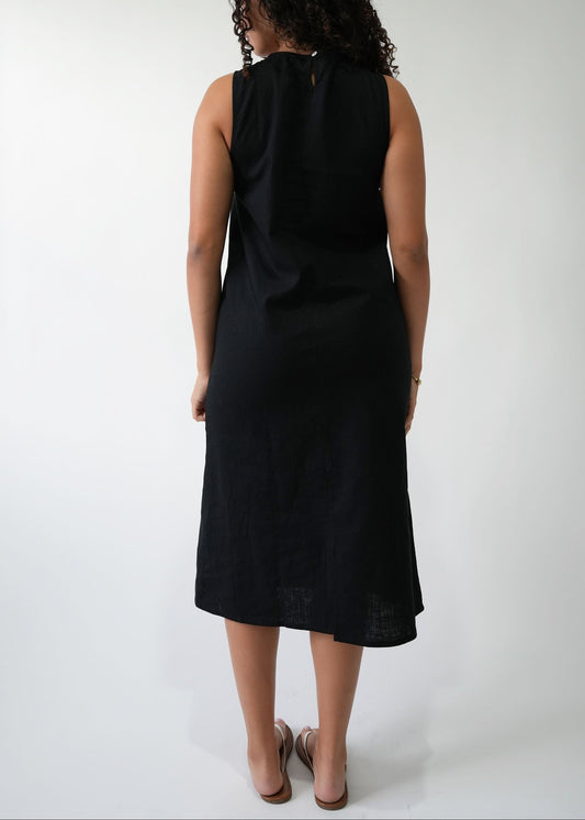 High Neck Linen Dress in Black — side detail