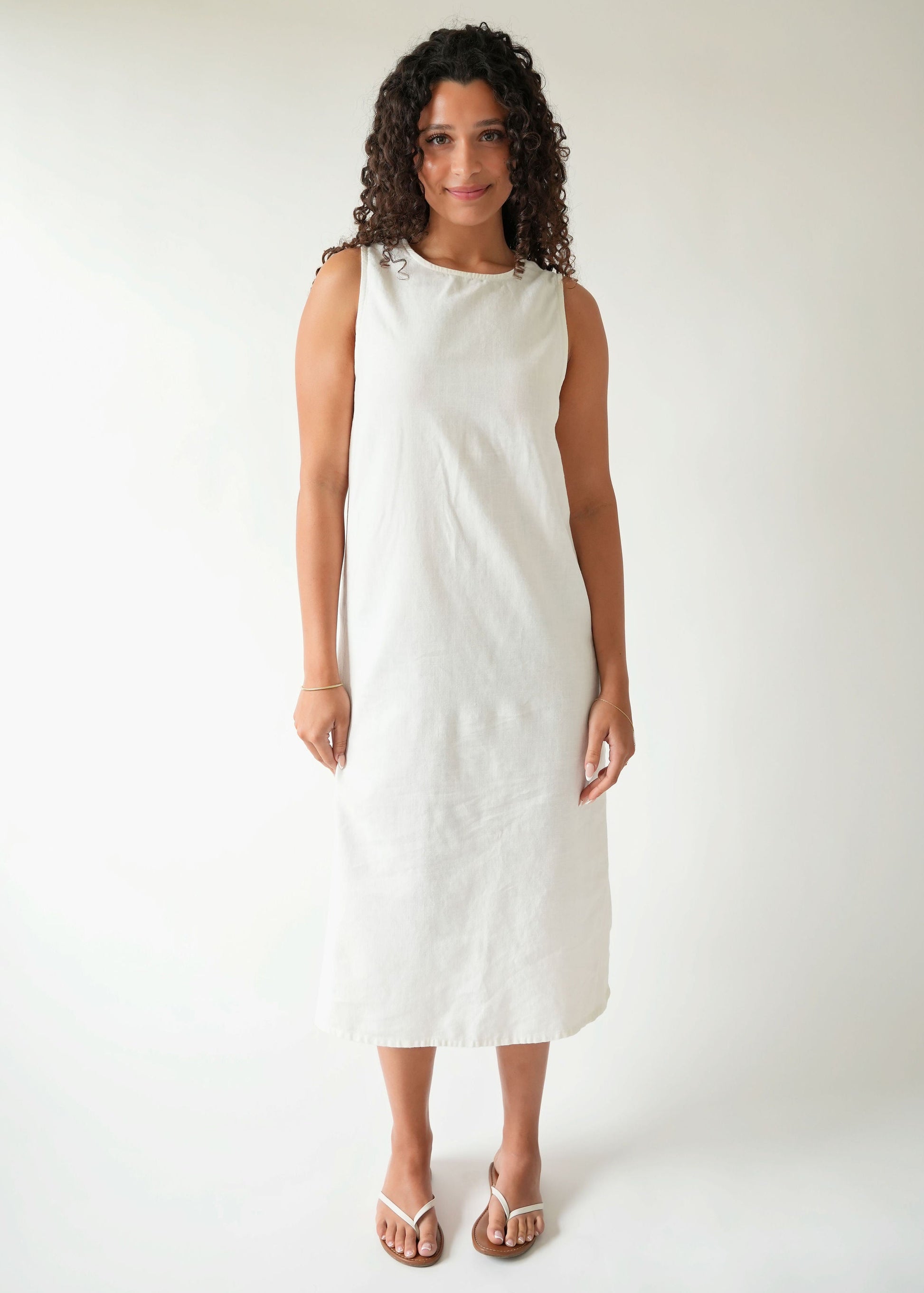 High Neck Linen Dress in White — front view