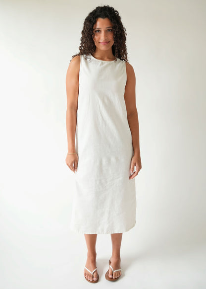 High Neck Linen Dress in White — front view