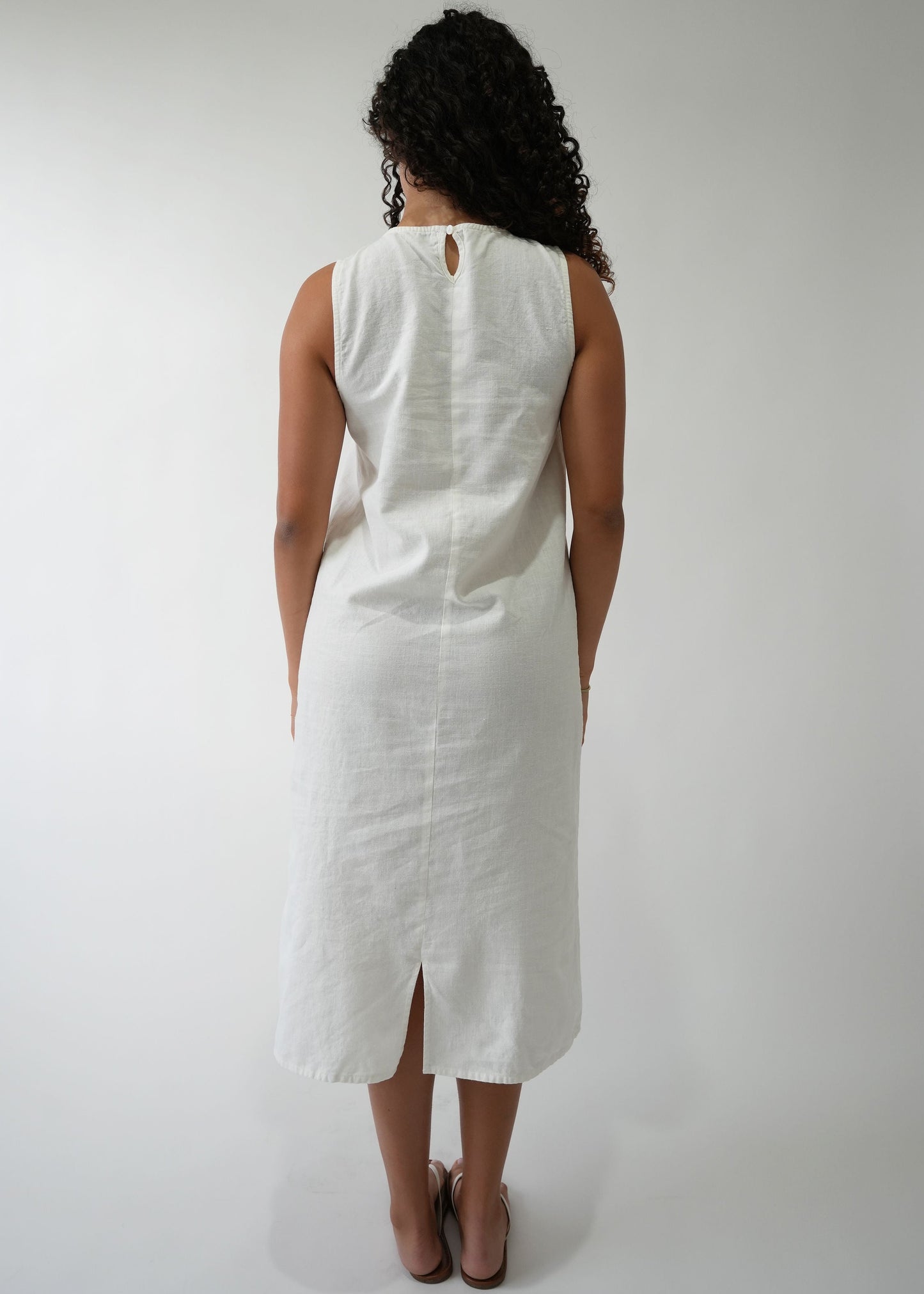 High Neck Linen Dress in White — back view