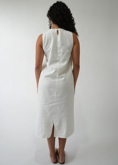 High Neck Linen Dress in White — back view