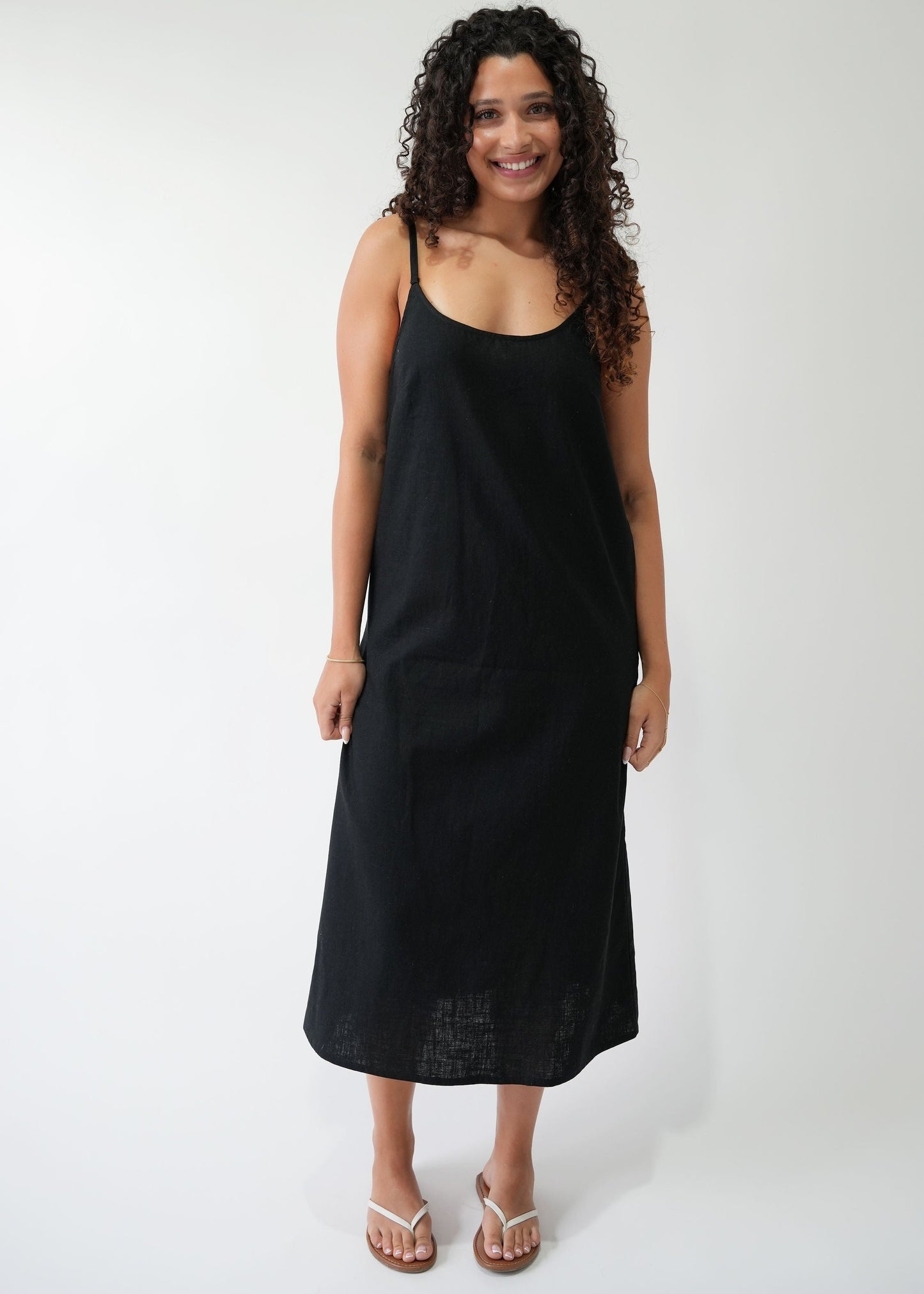 Linen Slip Dress in Black — front view