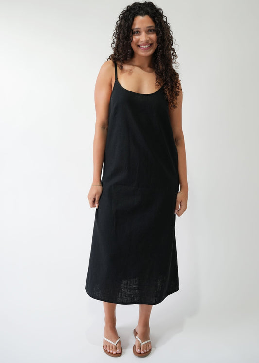 Linen Slip Dress in Black — front view