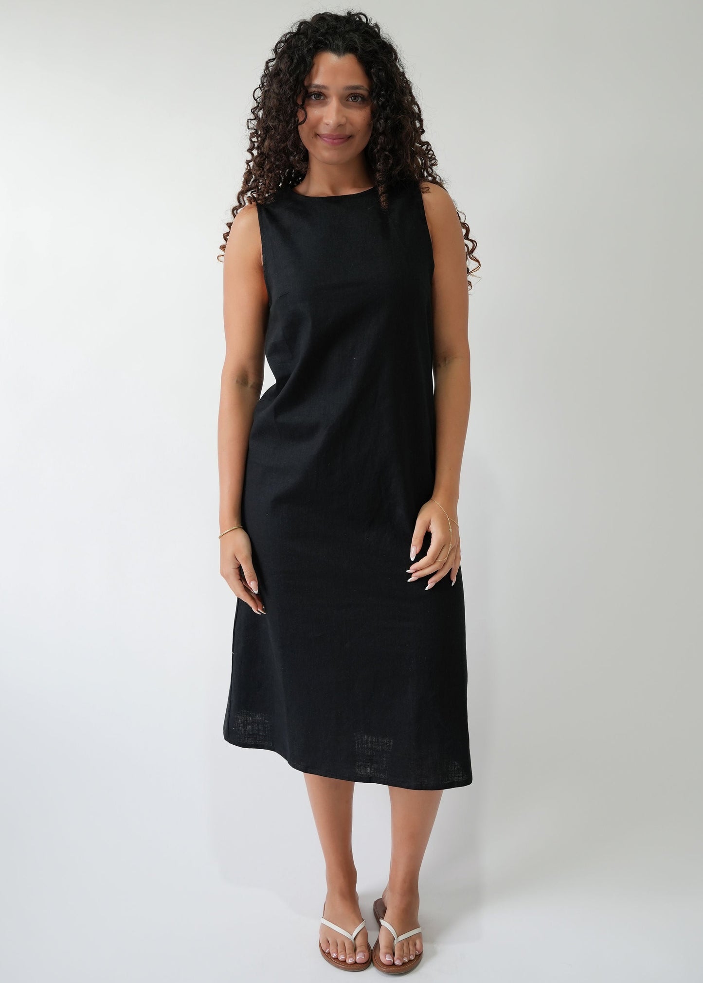 High Neck Linen Dress in Black — front view