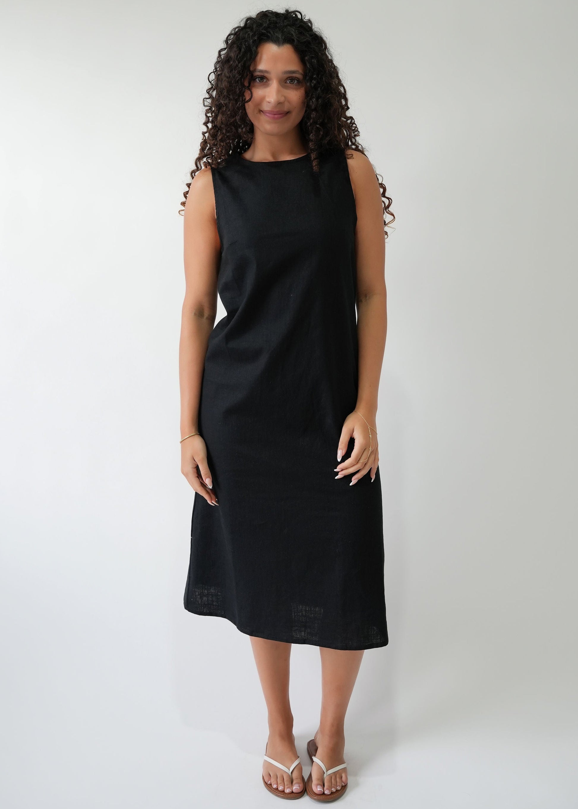 High Neck Linen Dress in Black — front view