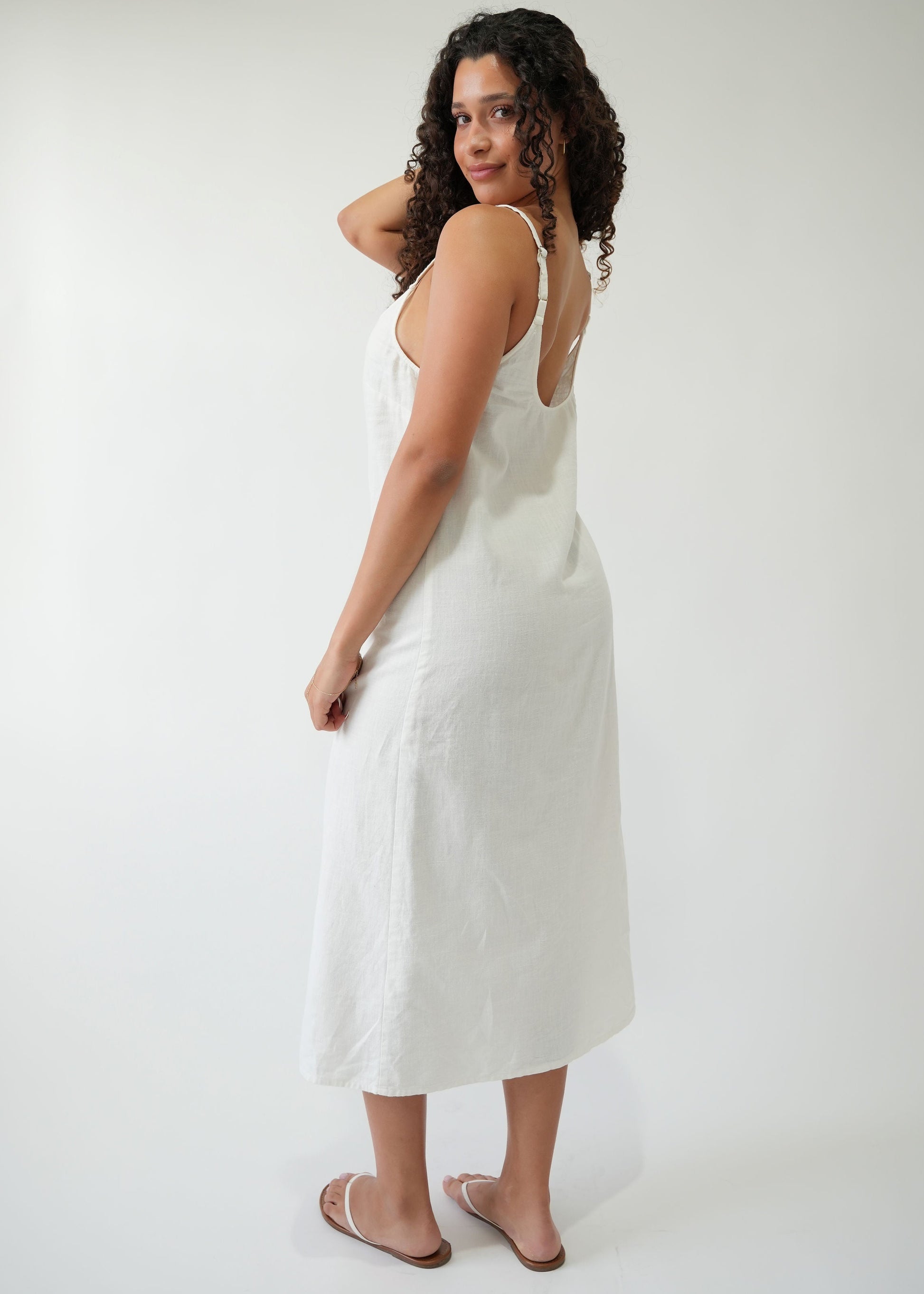 Linen Slip Dress in White — back view