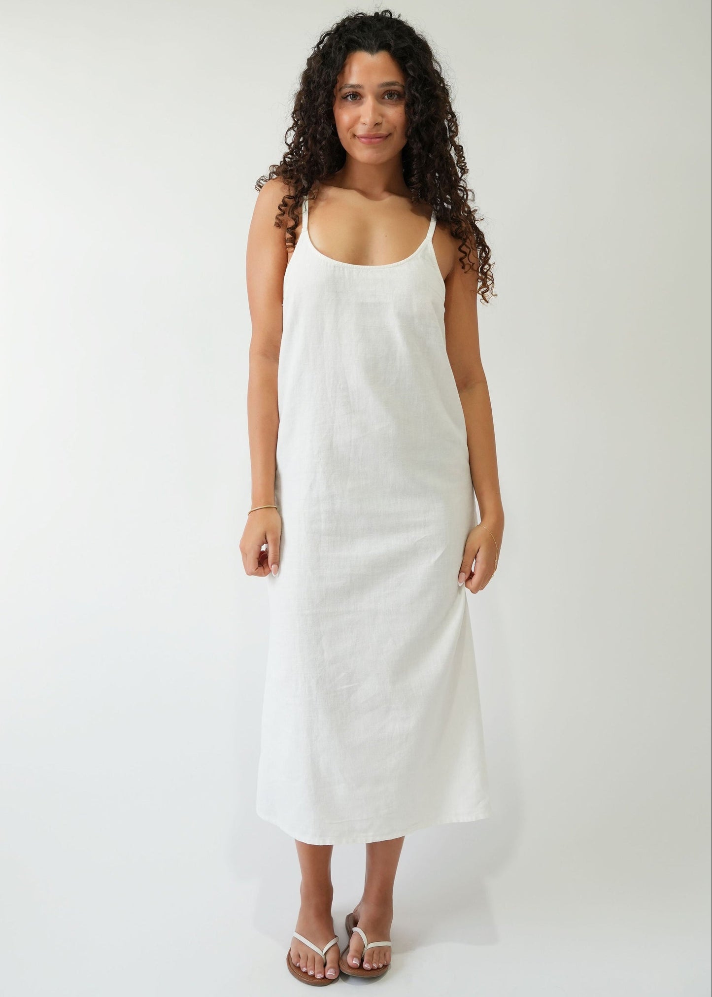 Linen Slip Dress in White —front view